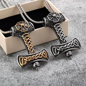 Nordic Viking Thor Hammer Pendant Necklace Retro Stainless Steel Celtic Knot Geometric Totem Jewelry For Men