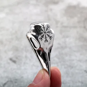 Stainless steel raven skull pendant featuring a detailed Viking compass design for men jewelry.