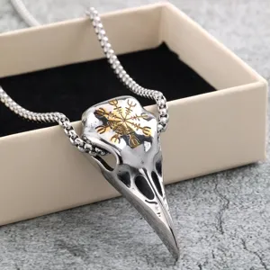 Stainless steel Viking raven skull pendant necklace, retro pagan bird skull jewelry for men.
