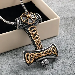 Detailed close-up view of stainless steel Viking Thor's hammer pendant necklace.