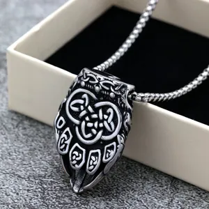 Men stainless steel Viking bear claw pendant necklace retro Celtic knot punk jewelry detail view.