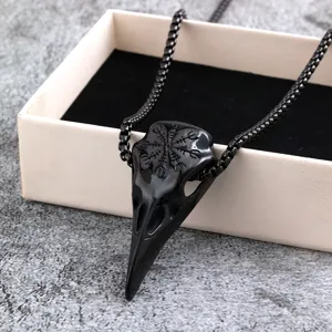 Stainless steel black crow skull necklace with Viking compass pendant for men style.