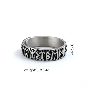Men's vintage stainless steel Viking rune ring, retro punk rock band jewelry, size 11.
