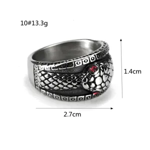 Retro stainless steel snake ring for men and women with red gemstone and vintage scales.
