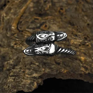 Bague punk rétro double tête de dragon en acier titane pour homme détail, bijou en acier inoxydable.