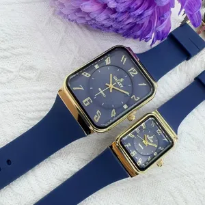 Orologio da coppia al quarzo quadrato di lusso con cinturino in silicone blu e cassa