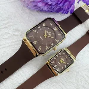 Set di eleganti orologi al quarzo di coppia con quadrante quadrato marrone e cinturino