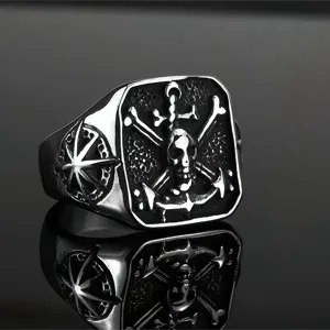 Vintage Stainless Steel Skull Ring Men Pirate Anchor Signet Ring Eight-Pointed Star Compass Punk Biker Fashion Rings Jewelry Gift