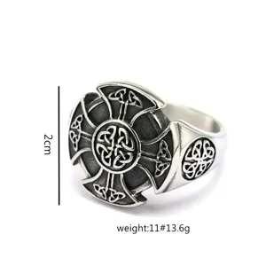 Close-up detail of the vintage stainless steel Viking Celtic shield ring with intricate knotwork patterns.