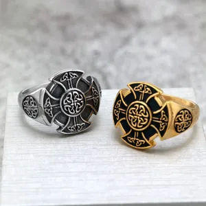 Vintage Stainless Steel Celtic Knot Shield Ring For Men Women Retro Viking Cross Totem Geometric Distressed Band Ring Biker Jewelry