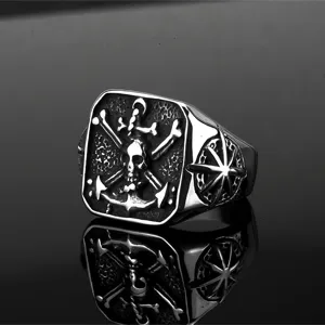 Men stainless steel ring vintage pirate anchor eight-pointed star punk fashion jewelry detail view