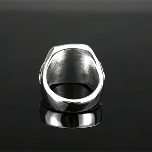 Close-up detail view of the vintage stainless steel men ring interior texture and polished finish.