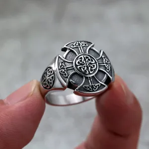 Vintage Stainless Steel Celtic Cross Viking Shield Ring for Men and Women Retro Style