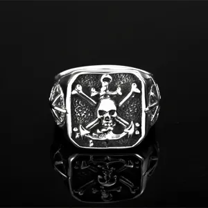 Men stainless steel ring skull anchor signet vintage punk biker jewelry detail close up