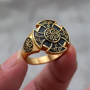 Retro stainless steel Celtic cross ring vintage Viking shield ring detailed close-up display