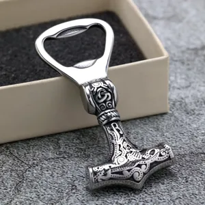 Vintage Stainless Steel Viking Thor Hammer Bottle Opener Double Sided Solid Beverage Cap Lifter Nordic Carving Kitchen Tools