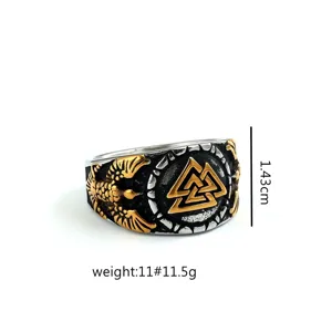 Vikinger Edelstahlring im Vintage-Stil mit Valknut- und Raben-Motiv, 1,43cm Breite.
