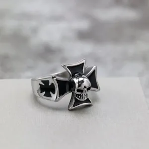 Anillo de Calavera Cruz de Acero de Titanio Vintage para Hombres Unisex Gótico Punk Rock Envejecido Biker Anello Joyería de Moda de Dedo