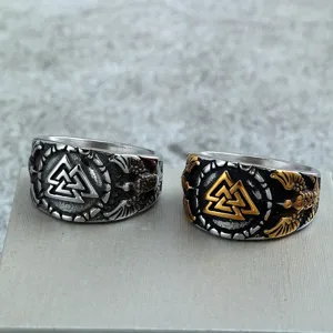 Vintage Edelstahl Wikinger Ring Für Herren Damen Retro Valknut Rabe Totem Geprägte Solide Band Ring Punk Nordischen Mythos Schmuck