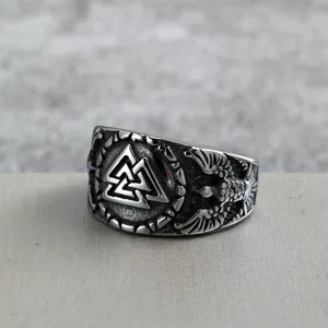 Vintage Edelstahl Wikinger Ring fur Damen Herren mit Valknut Raben Motiv massiv Design.