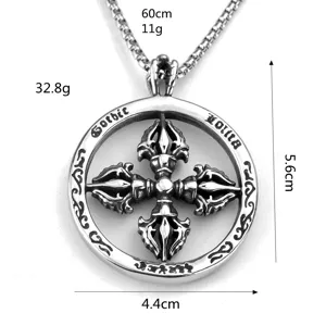 Retro stainless steel dorje cross pendant necklace for men with gothic design and clear size specs.