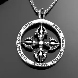 Stainless steel cross vajra pendant necklace for men, retro gothic style jewelry detail view.