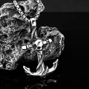 Collier Pendentif Crâne Ancre En Acier Inoxydable Vintage Pour Hommes Bijoux De Motard Polis Heavy Metal Gothique Punk Cadeau