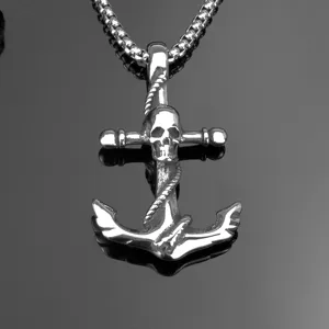Pendentif ancre crane en acier inoxydable, style punk vintage pour collier homme, gros plan.