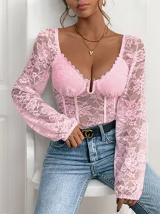 Body rose en dentelle à manches longues, haut sexy col cœur pour femmes mode vêtements articles