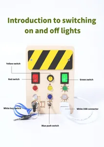 Detalle de tablero sensorial Montessori de madera con interruptores de luz coloridos y llaves.