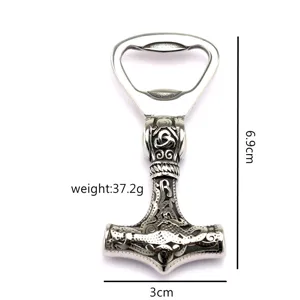 Vintage stainless steel Thor hammer bottle opener with detailed Viking Nordic rune design.