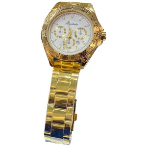 Orologio uomo al quarzo oro con cronografo quadrante bianco lunetta tachimetro polso