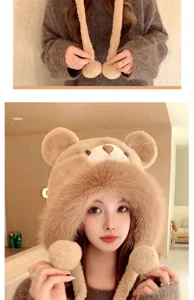 Sweet cute bear plush knitted hat women winter thick warm faux fur pull-on earflap hat
