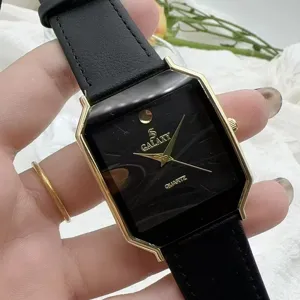 Men quartz watch black square dial gold bezel leather strap vintage style classy timepiece