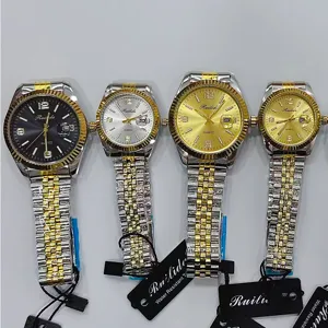 Montre Couple Quartz Étanche Style Business Lunette Cannelée Bracelet Acier Inoxydable Montre Calendrier Analogique Luxe Datejust