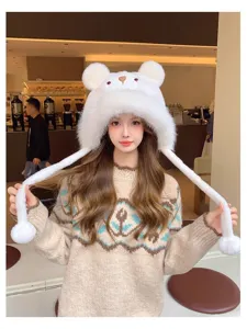 Cute white bear plush ear protection hat, winter warm thick faux fur bomber hat for women details