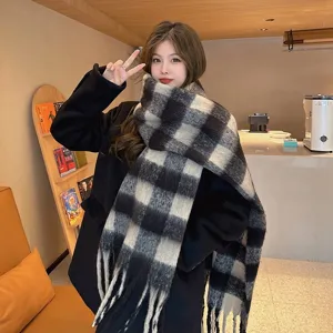Black and white plaid cashmere feel scarf detail view, winter warm thick tassel neck wrap.