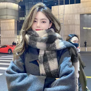 Thick warm black and grey plaid scarf winter cozy cashmere feel tassel shawl women