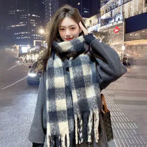 Classic black white grey plaid thick scarf for women winter warm cozy fashion winter accessory