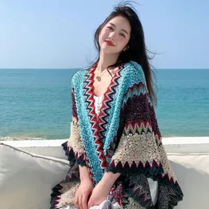 Women Boho Knit Cape Ethnic Colorful Wave Poncho Travel Beach Outerwear Shawl Fashion