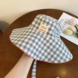 Cappello a secchiello a quadri blu e bianco stile giapponese estate carino protezione solare