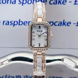 Vintage Alloy Ceramic Quartz Watch Rectangular Rhinestone Decorative Chain Link Bracelet Watch For Women Elegant Decorative Timepiece