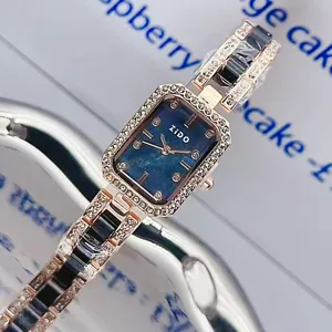 Women quartz watch rectangular crystal bezel black ceramic metal link bracelet fashion