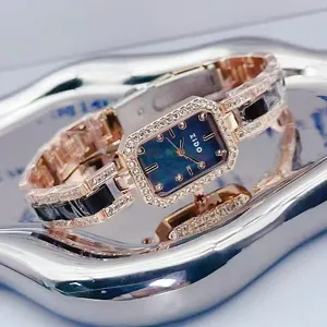 Zido rectangular quartz women watch with rhinestone bezel ceramic bracelet detail shot