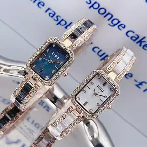 Close-up detail of ZIDO women quartz watch, rectangular rhinestone bezel, ceramic bracelet.