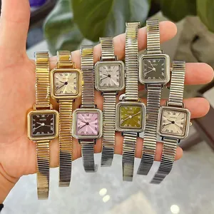 Women Vintage Square Quartz Watch Ins Style Fashion Roman Numerals Stainless Steel Band Elastic Alloy Case Ladies Wristwatch Wrist Decor