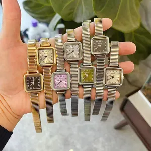 Women vintage square quartz watch with metal stretch band, elegant multi-color dial variant.