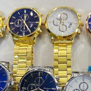 Lanturun men quartz watch with sleek chronograph dial and durable gold metal strap for daily wear.