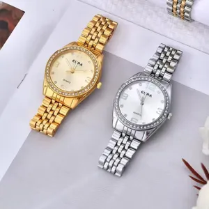Montre à Quartz de Luxe pour Hommes Mode Minimaliste Alliage Acier Inoxydable Bracelet avec Lunette en Strass Cadran Rond