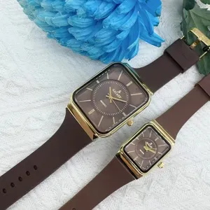 GALAXY Paar Quarzuhr Set mit braunem Silikonarmband und goldenem rechteckigen Zifferblatt